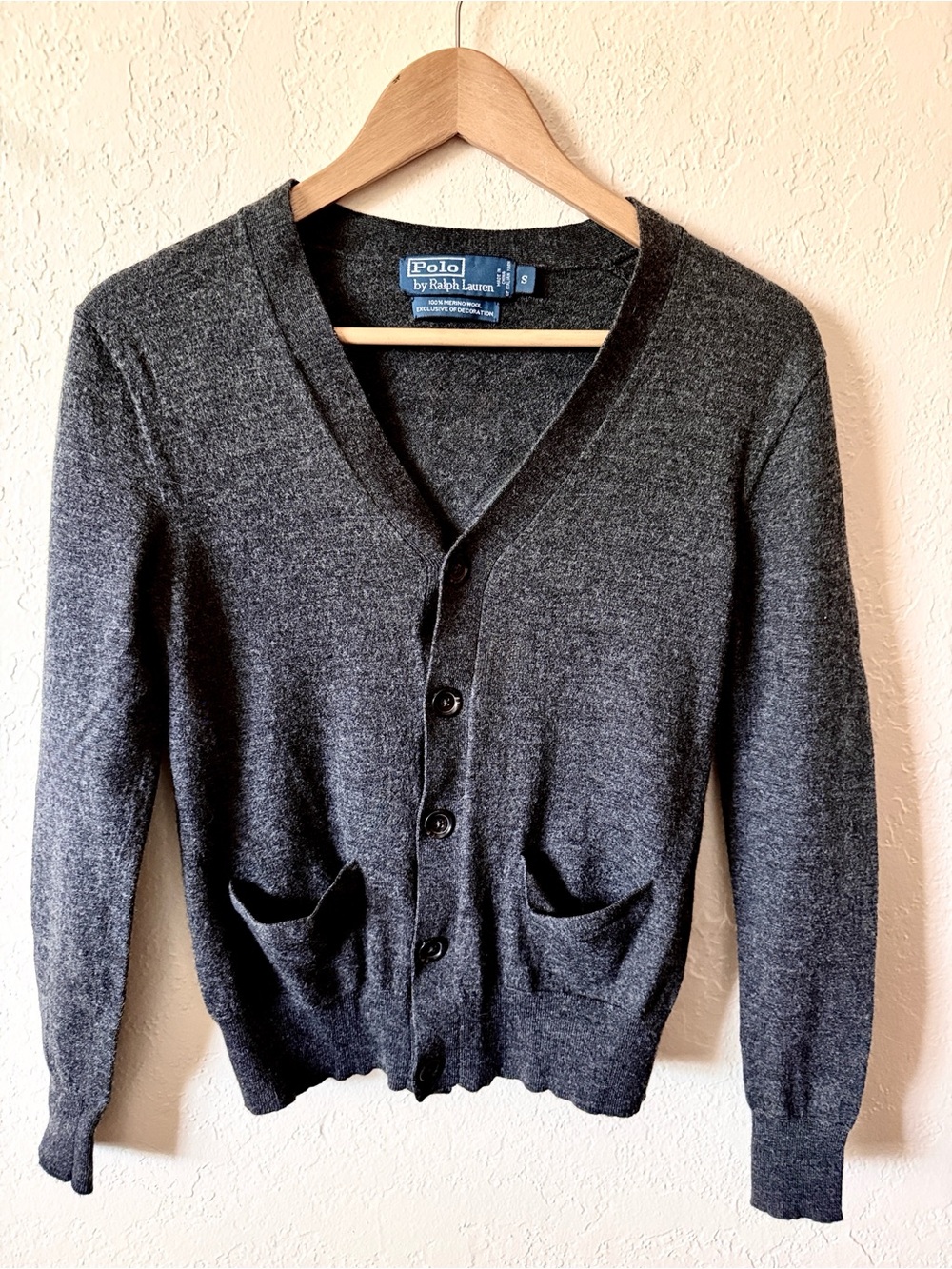 Polo Ralph Lauren Classic Cardigan V Neck Gray Merino Hip Length Women’s S Y2K
